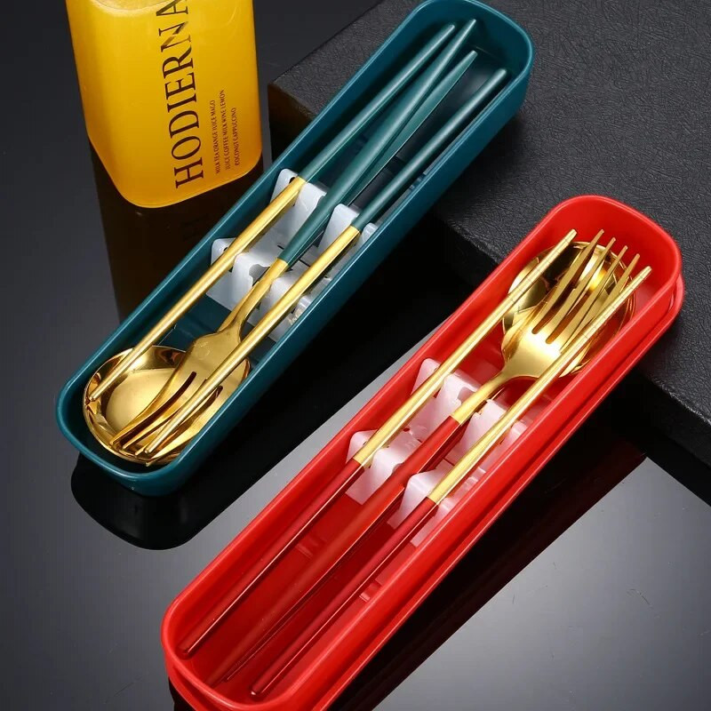 3 DB/Szett evőeszköz doboztartóval étkészlet 304 rozsdamentes acél kanál villa pálcika készlet utazási étkészlet konyhai kiegészítők