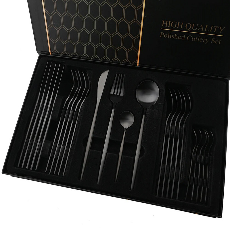 Drmfiy 24db kés villa kanál étkészlet matt fekete luxus evőeszköz készlet rozsdamentes acél étkészlet konyhai evőeszköz készlet