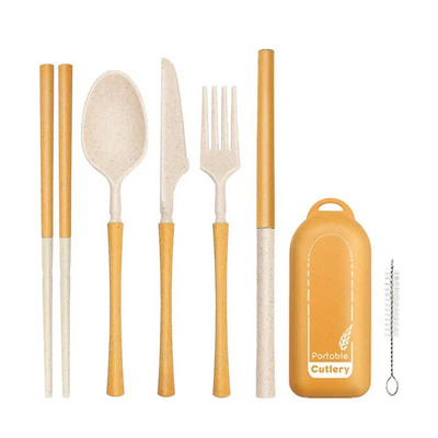 1 Kit Πτυσσόμενο μαχαίρι από άχυρο σιταριού Πιρούνι κουτάλι chopsticks άχυρο με κουτί Φιλικό προς το περιβάλλον Φορητό επιτραπέζιο σκεύος ταξιδιού εξωτερικού χώρου