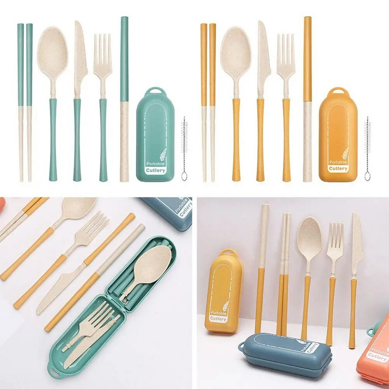 1 készlet búzaszalma összecsukható kés villa kanál pálcika szalma dobozzal Környezetbarát hordozható kültéri utazási kemping étkészlet