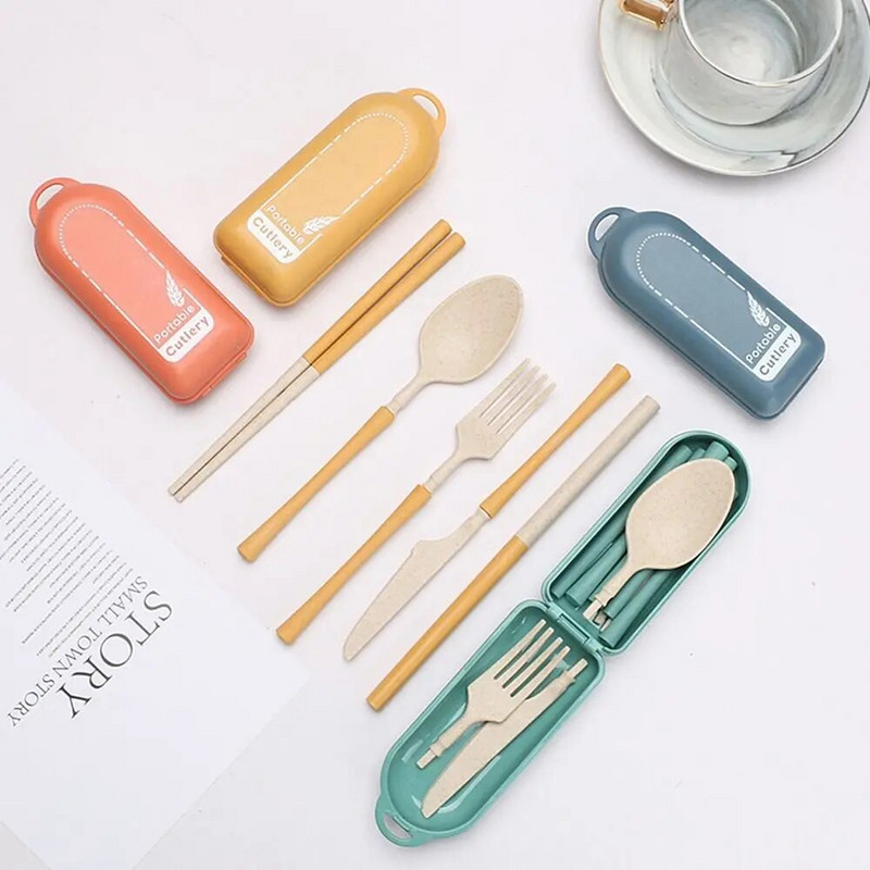 1 készlet búzaszalma összecsukható kés villa kanál pálcika szalma dobozzal Környezetbarát hordozható kültéri utazási kemping étkészlet