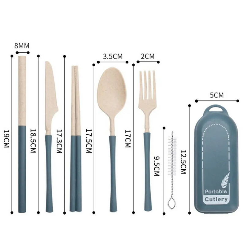 1 készlet búzaszalma összecsukható kés villa kanál pálcika szalma dobozzal Környezetbarát hordozható kültéri utazási kemping étkészlet