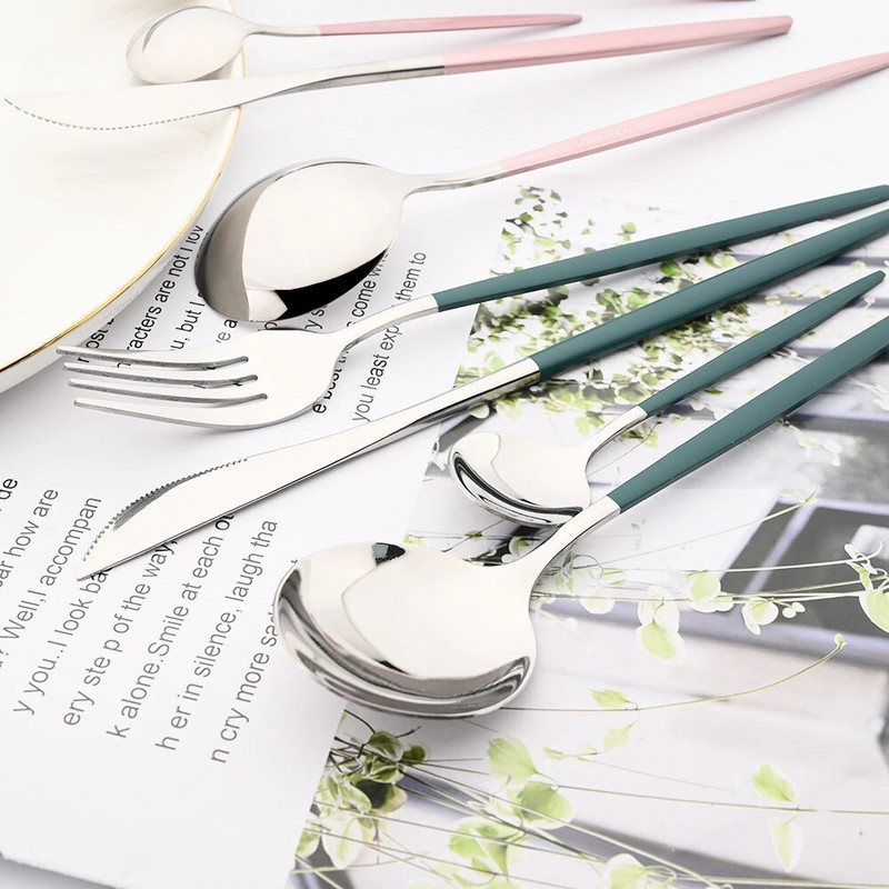 24 db evőeszköz rozsdamentes acél étkészlet tükör fehérarany étkészlet nyugati kés villa kanál evőeszközök konyhai ezüst edények