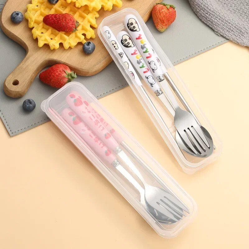 Rajzfilm tehén evőeszköz kanál villa pálcika rozsdamentes acél hordozható utazási ebéd étkészletek étkészletek konyhai kiegészítők