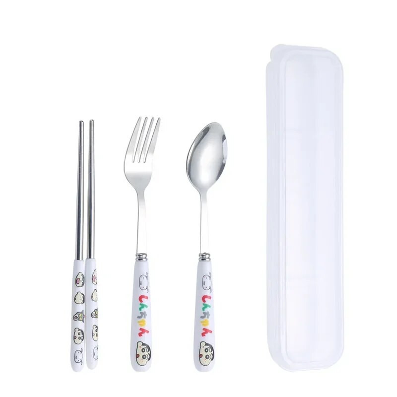 Rajzfilm tehén evőeszköz kanál villa pálcika rozsdamentes acél hordozható utazási ebéd étkészletek étkészletek konyhai kiegészítők