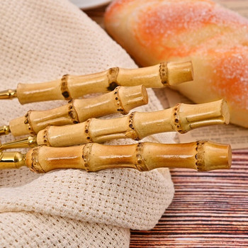 Нов комплект прибори за хранене с бамбукова дръжка Комплект прибори за хранене от неръждаема стомана, естествен бамбук, нож, вилица, лъжица, комплект прибори и прибори за хранене, комплект от бамбук