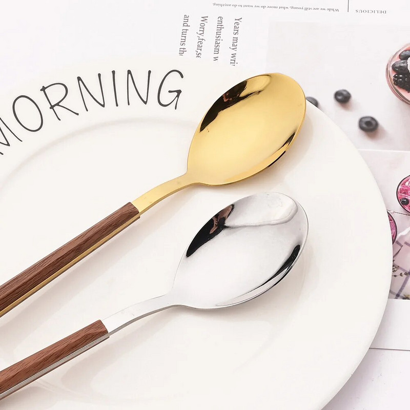 4/12/16 db ezüst evőeszköz készlet pálcika kés villa kanál imitáció fa nyelű koreai étkészlet luxus étkészlet