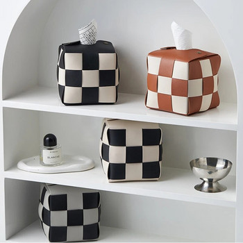 Кожена кутия за кърпички Поставка за салфетки Бяла черна шахматна дъска Чанта за хартиени кърпи Органайзер Аксесоари за декорация на дома