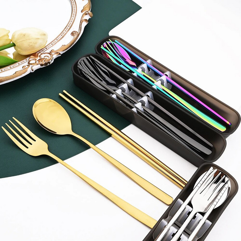 Drmfiy Western 6 készlet fekete étkészlet 304 rozsdamentes acél étkészlet hosszú nyelű kanalak pálcika fém koreai ezüst készlet