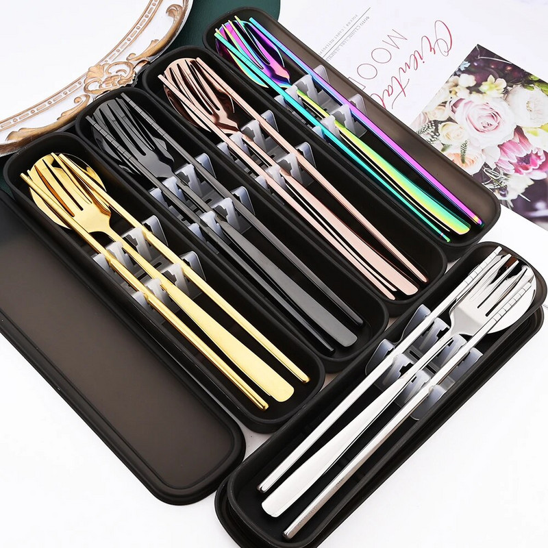 Drmfiy Western 6 készlet fekete étkészlet 304 rozsdamentes acél étkészlet hosszú nyelű kanalak pálcika fém koreai ezüst készlet