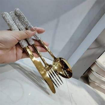Πολυτελή μαχαιροπίρουνα με διαμάντια από ανοξείδωτο ατσάλι Πιρούνι Κουτάλι Μαχαίρι Χρυσό Ασημένιο Ασημένιο Επιτραπέζια σκεύη κουζίνας σπιτιού Προμήθειες γάμου