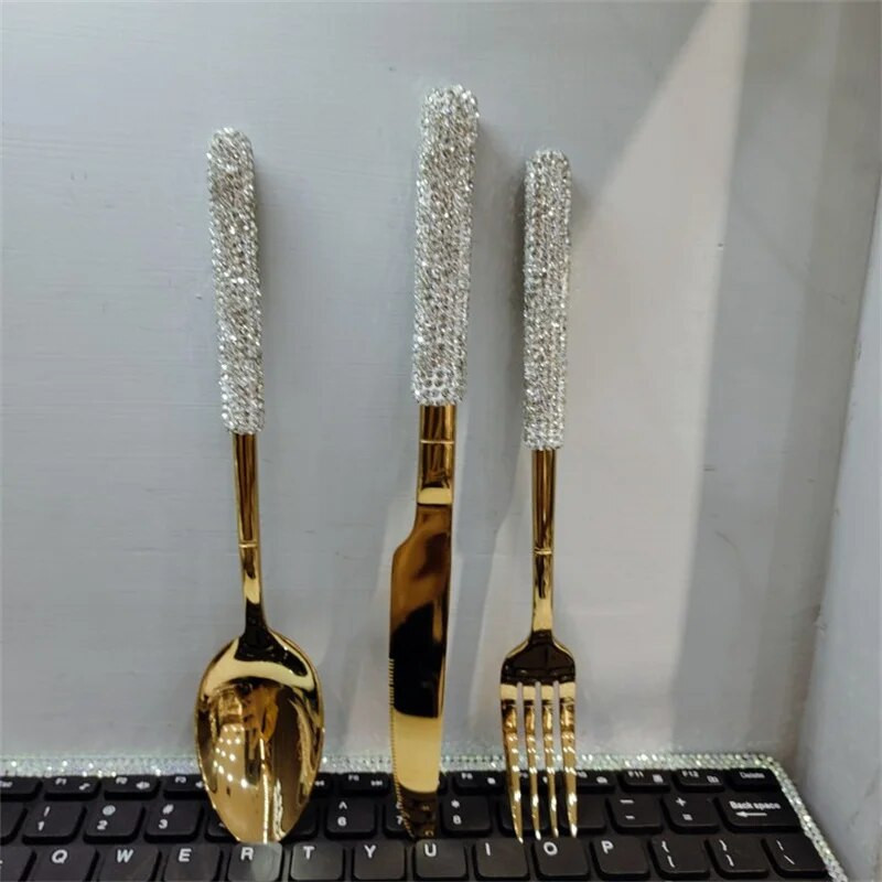 Prabangūs deimantiniai stalo įrankiai nerūdijančio plieno šakutė šaukštas peilis aukso sidabro sidabro stalo reikmenys namų virtuvė pietų reikmenys vestuvėms