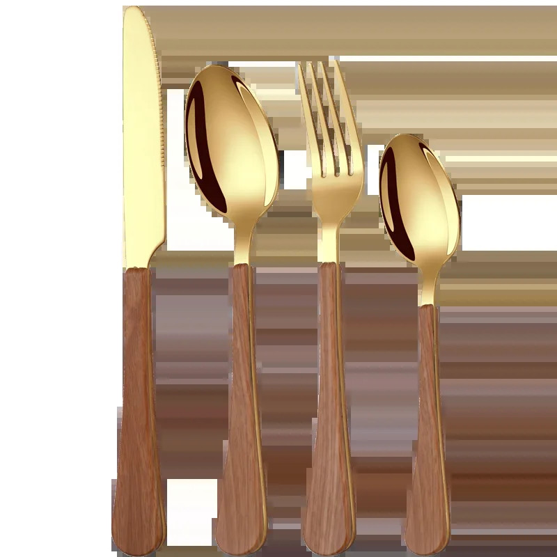 4 tk roostevabast terasest imitatsiooniga puidust käepidemega söögiriistade komplekt sööginõude klamber Lääne lauanõu nuga kahvel teelusikas