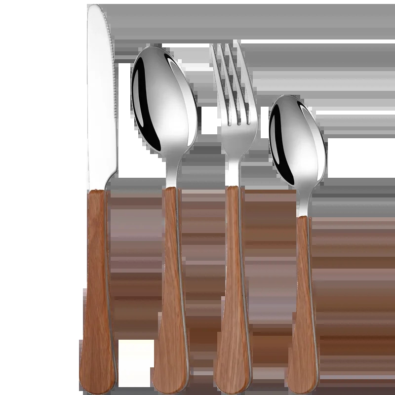 4 tk roostevabast terasest imitatsiooniga puidust käepidemega söögiriistade komplekt sööginõude klamber Lääne lauanõu nuga kahvel teelusikas