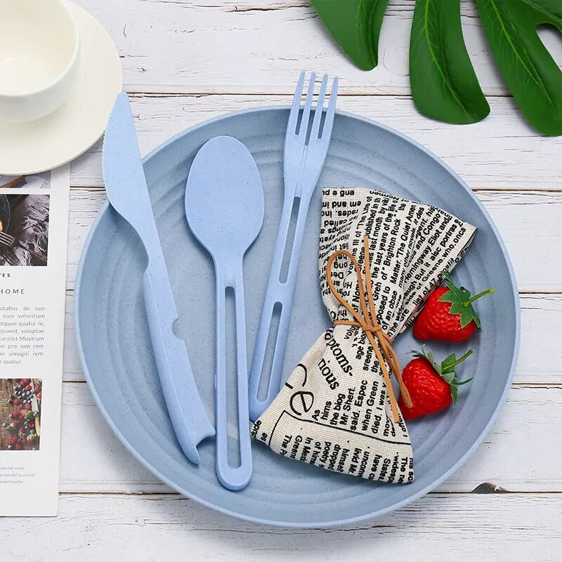 Nisuõlgedest sööginõude komplektid Kahvellusikas Noakomplekt Riistade reisinõud Keskkonnasõbralikud kaasaskantavad lauanõud köögisöögiriistade jaoks 3-ühes