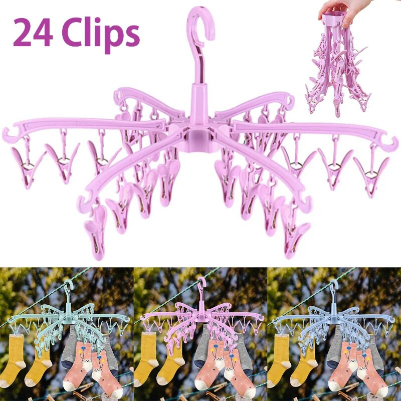 24 Clips Műanyag zokniszárító állvány Összecsukható ruhaszárító Ruhaakasztó Forgatható vállfák Zokniszárító Ruhaszárító állványok Szervezet