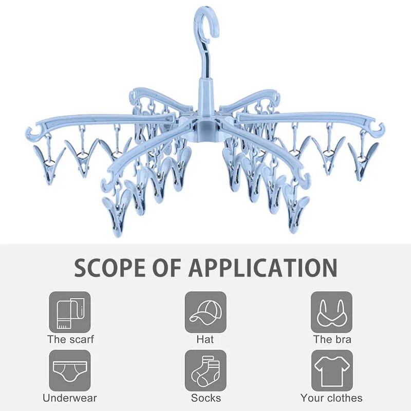 24 Clips Műanyag zokniszárító állvány Összecsukható ruhaszárító Ruhaakasztó Forgatható vállfák Zokniszárító Ruhaszárító állványok Szervezet