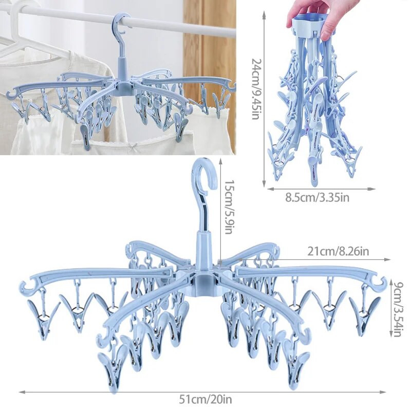 24 Clips Műanyag zokniszárító állvány Összecsukható ruhaszárító Ruhaakasztó Forgatható vállfák Zokniszárító Ruhaszárító állványok Szervezet