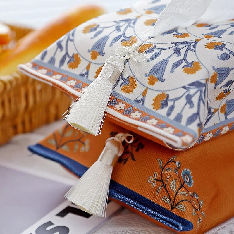 Retro papírzsebkendős vászonhuzat, Bojtos keleti stílusú nappali hálószoba autó, kreatív nyomattartó ajándékötlet 18x24 cm