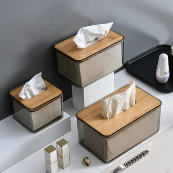 Скандинавски минималистичен дървен калъф за кутия за кърпички Органайзер Модерен настолен прозрачен правоъгълен бамбуков диспенсер за лицеви кърпички