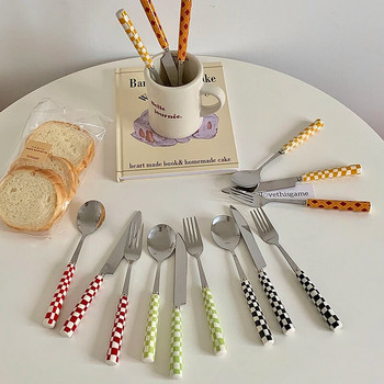Нож от неръждаема стомана Вилица Лъжица с шахматна дъска Керамична дръжка Кухненски прибори за хранене Десерт Вилица Нож Лъжица Комплект прибори