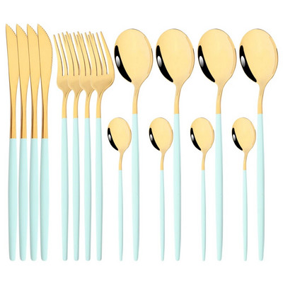 Vakarienės peilis Šakutė Kavos šaukštas Indų stalo įrankių rinkinys 16 vnt Stalo reikmenų nerūdijančio mėtų žalios aukso spalvos plieno sidabro stalo įrankių rinkinys