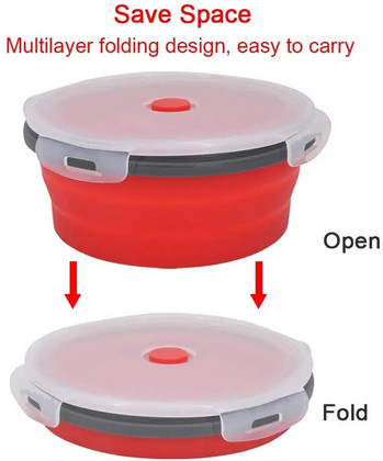 Кръгла силиконова сгъваема кутия за обяд Сгъваема купа за микровълнова фурна Преносим сгъваем контейнер за храна Кутия Купа за салата с капак
