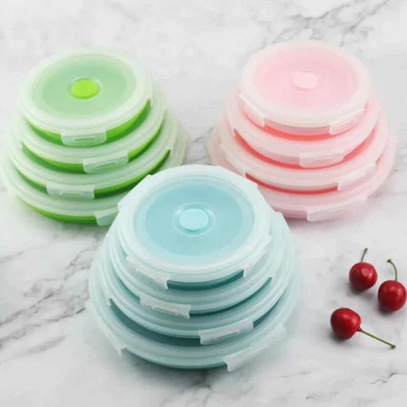 1 tk välistingimustes ümmargune silikoonist kokkupandav lõunakarp mikrolaineahju külmkapiga suletud säilituskarp