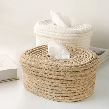 Кутия за съхранение на тъкани от памучен шнур Обикновена японска настолна прахоустойчива кутия за тъкани с капак Ръчно изработена може да се пере