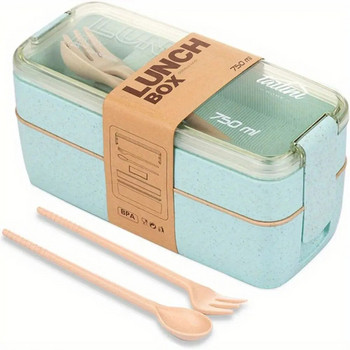 1 τεμ. Χαριτωμένο κουτί Bento 2 στρώσεων, στεγανά δοχεία, δοχείο φαγητού, στοιβαζόμενο κουτί μεσημεριανού γεύματος Bento με κουτάλι και πιρούνι, προμήθειες κουζίνας