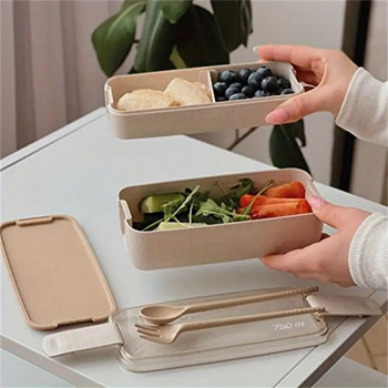1 τεμ. Χαριτωμένο κουτί Bento 2 στρώσεων, στεγανά δοχεία, δοχείο φαγητού, στοιβαζόμενο κουτί μεσημεριανού γεύματος Bento με κουτάλι και πιρούνι, προμήθειες κουζίνας