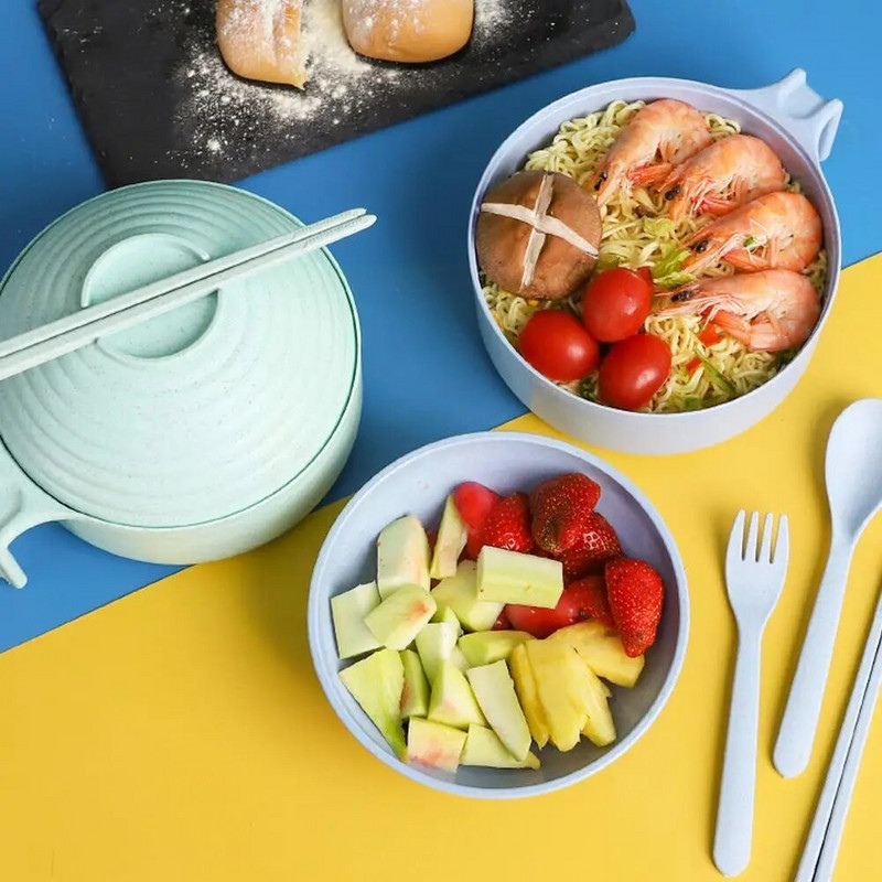 Búzaszalma instant tészta tál fedél kanál pálcika saláta forró villaleves ételtálak újrafelhasználható tésztatál tartály F N6M1