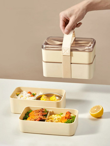 WORTHBUY Кутия Bento за микровълнова печка с прибори за хранене Преносима двуслойна кутия за обяд, устойчиви на течове, разделени контейнери за храна за възрастни ученици