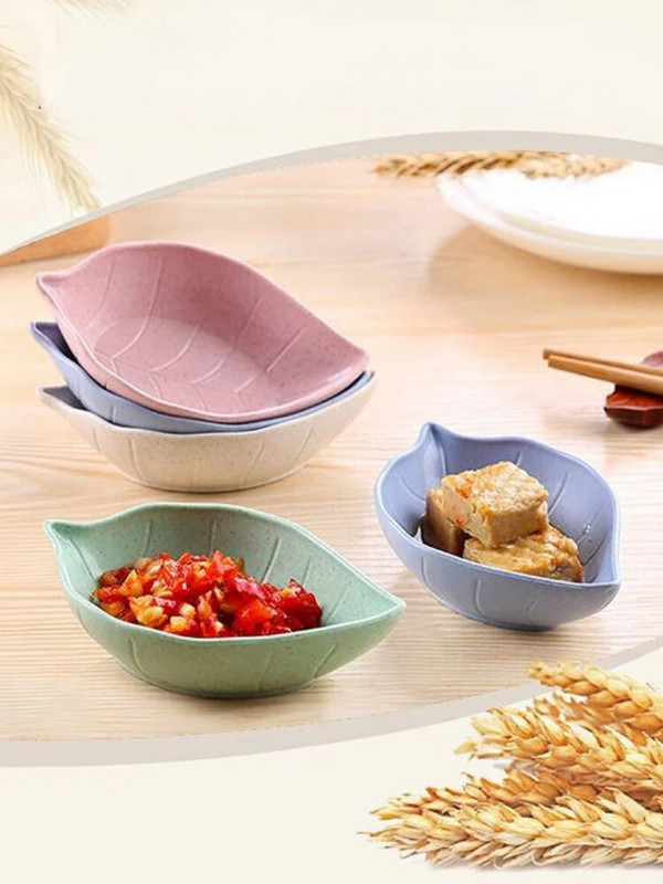 4 db Levelek Forma Fűszeres edény Gyerektál Búzaszalma Szójaszósz Tányér Rizstál Tányér Evőeszközök Élelmiszertartó