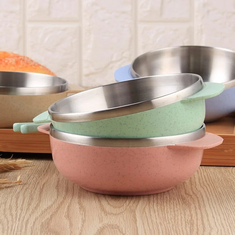 Konyhai evőeszközök Búzaszalma tál élelmiszer minőségű búza rizstál kétrétegű rozsdamentes acél étkészlet ételtartó desszert