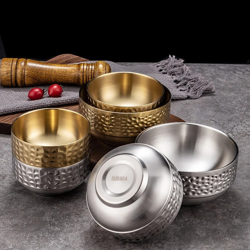 Kreatív kalapált mintás rizstál 304 rozsdamentes acél, kétrétegű forrázásgátló leves Ramen gyümölcstálak gyerekeknek étkészlet