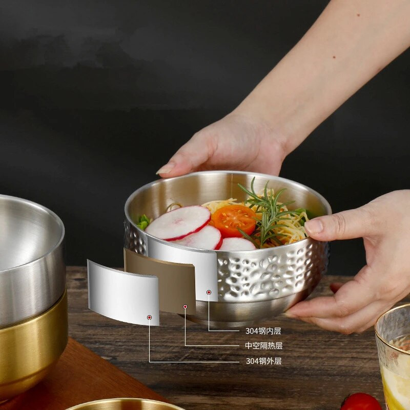 Kreatív kalapált mintás rizstál 304 rozsdamentes acél, kétrétegű forrázásgátló leves Ramen gyümölcstálak gyerekeknek étkészlet