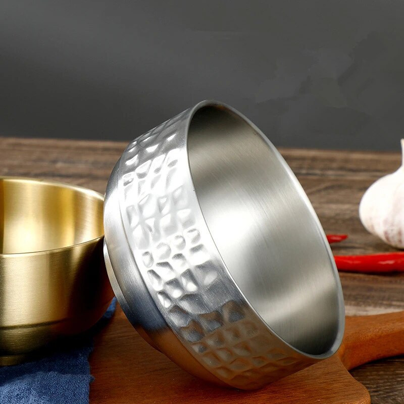 Kreatív kalapált mintás rizstál 304 rozsdamentes acél, kétrétegű forrázásgátló leves Ramen gyümölcstálak gyerekeknek étkészlet