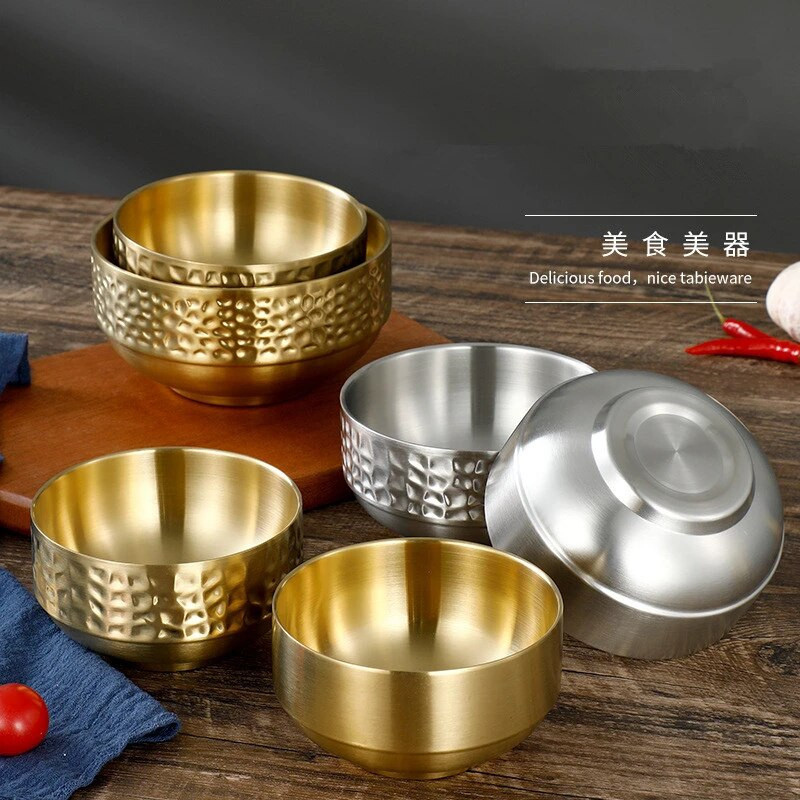 Kreatív kalapált mintás rizstál 304 rozsdamentes acél, kétrétegű forrázásgátló leves Ramen gyümölcstálak gyerekeknek étkészlet