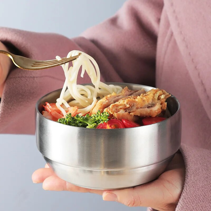 Koreai tészta Ramen Kimchi leveses tál fedéllel Rozsdamentes acél étkészlet Kétrétegű forrázásgátló tálak Konyhai ételtartó