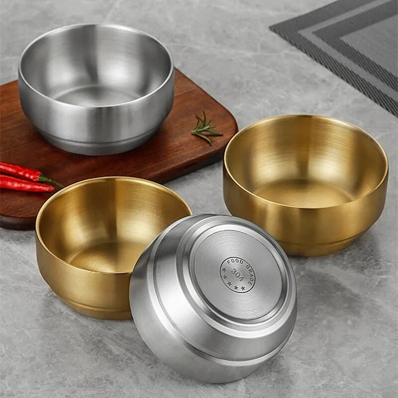 Koreai tészta Ramen Kimchi leveses tál fedéllel Rozsdamentes acél étkészlet Kétrétegű forrázásgátló tálak Konyhai ételtartó