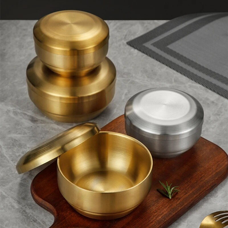 Koreai tészta Ramen Kimchi leveses tál fedéllel Rozsdamentes acél étkészlet Kétrétegű forrázásgátló tálak Konyhai ételtartó