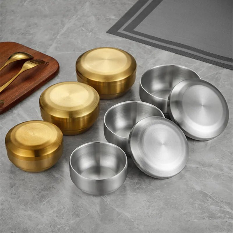 Koreai tészta Ramen Kimchi leveses tál fedéllel Rozsdamentes acél étkészlet Kétrétegű forrázásgátló tálak Konyhai ételtartó