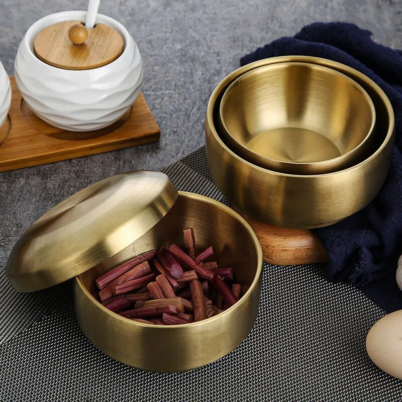 Koreai Kimchi Bowl 304 Rozsdamentes acél kétrétegű rizstál fedővel Otthoni ramen leveses tál Forrázásgátló rizstálak gyerekeknek