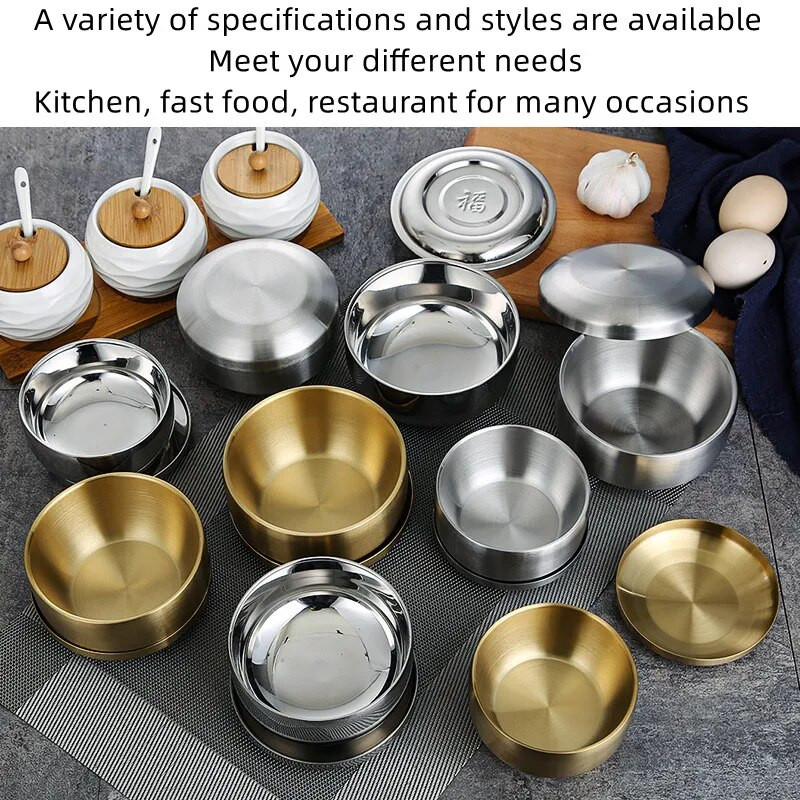 Koreai Kimchi Bowl 304 Rozsdamentes acél kétrétegű rizstál fedővel Otthoni ramen leveses tál Forrázásgátló rizstálak gyerekeknek