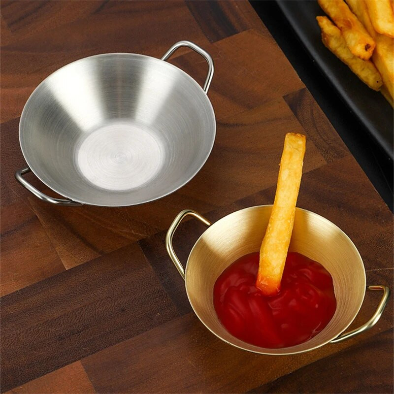 Rozsdamentes acél fűszeres edény dupla fülű arany ezüst csészealj Merítőtál ecet szójaszósz csésze edény konyhai kiegészítők