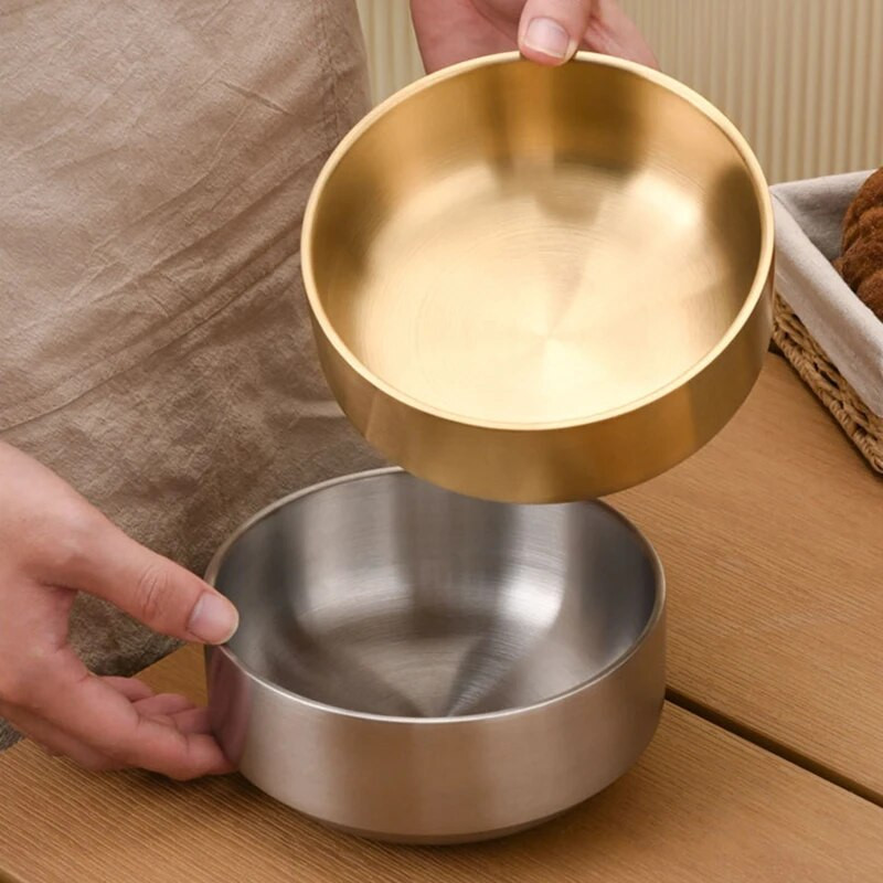 Koreai rozsdamentes acél ramen tál kétrétegű gyümölcssaláta leves tálak arany ezüst otthoni étkészlet konyhai eszközök 1 db