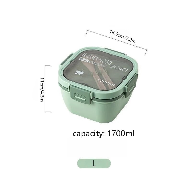 Dupla egymásra rakható ebéddoboz, 50 oz. Nagy salátástál, 4 rekeszes tálca, 3 oz. Szósztartály, beépített újrafelhasználható villa és kanál