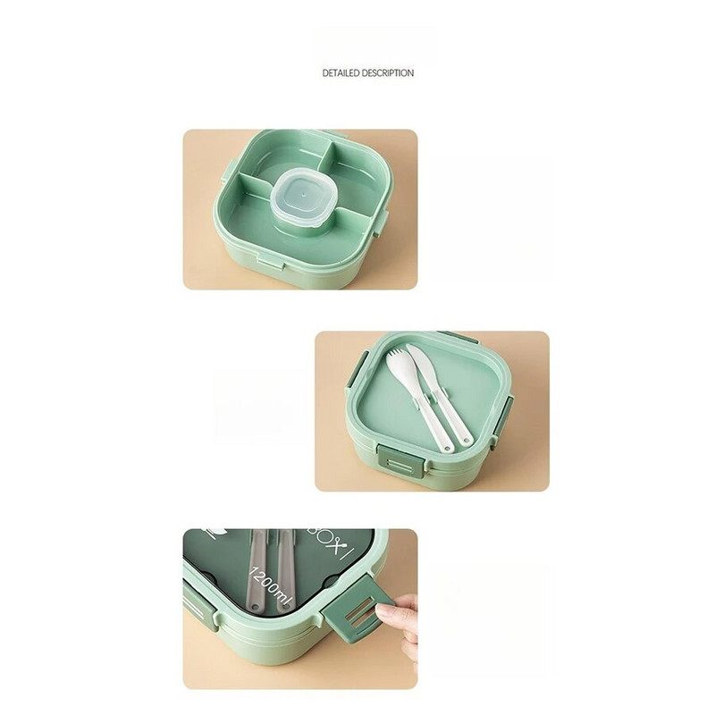 Dupla egymásra rakható ebéddoboz, 50 oz. Nagy salátástál, 4 rekeszes tálca, 3 oz. Szósztartály, beépített újrafelhasználható villa és kanál