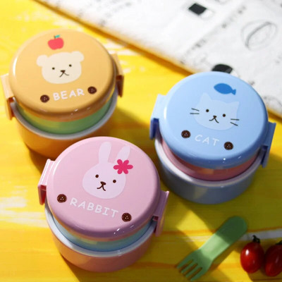 Cute Animal Lunch Box japán kétrétegű, kerek mini Bento Box Gyümölcsös Doboz Snack Box Mikrohullámú gyerekebéd doboz 540ml